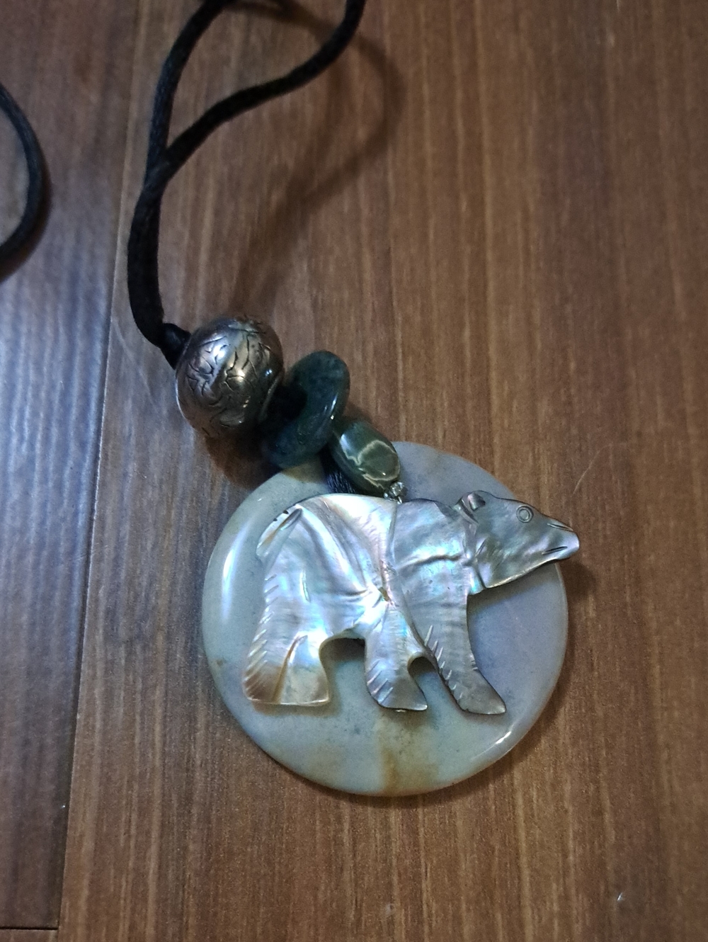 Mother-of-Pearl Bear Pendant Necklace in Iridescent White and Black Cord